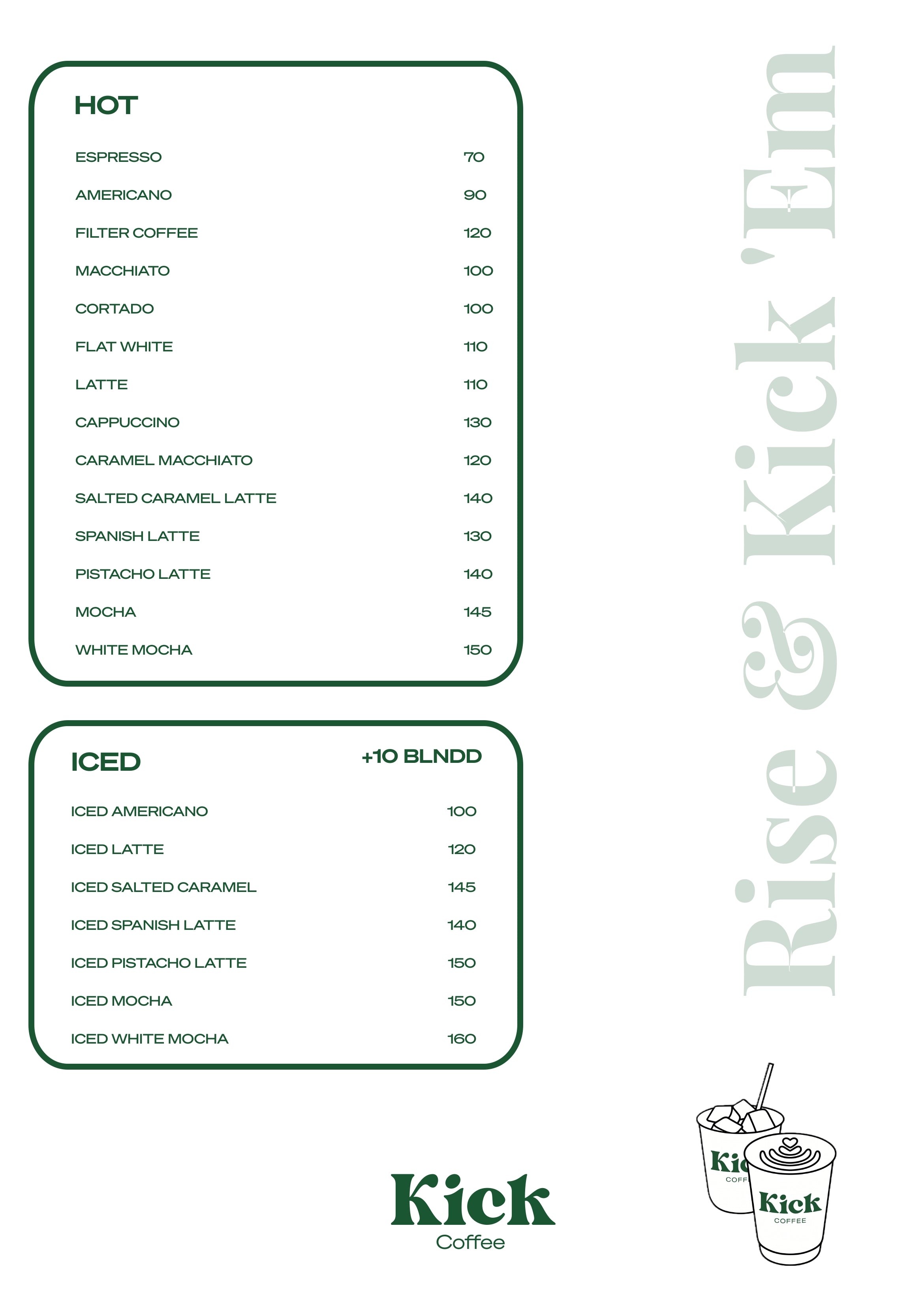 A coffee menu card from Rise & Kick 'Em featuring a list of hot and iced coffee drinks with prices, on a white background with the brand logo at the bottom.